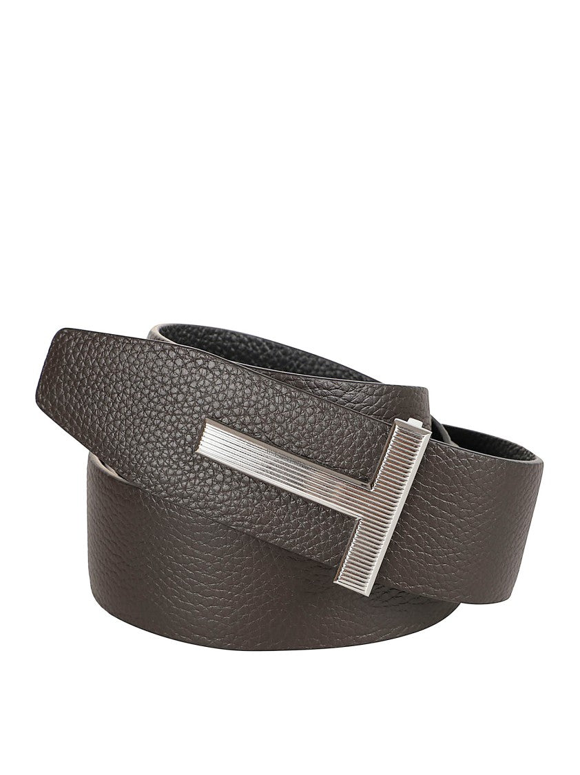 Textured Calf Leather Belt With Silver-Toned T-Buckle