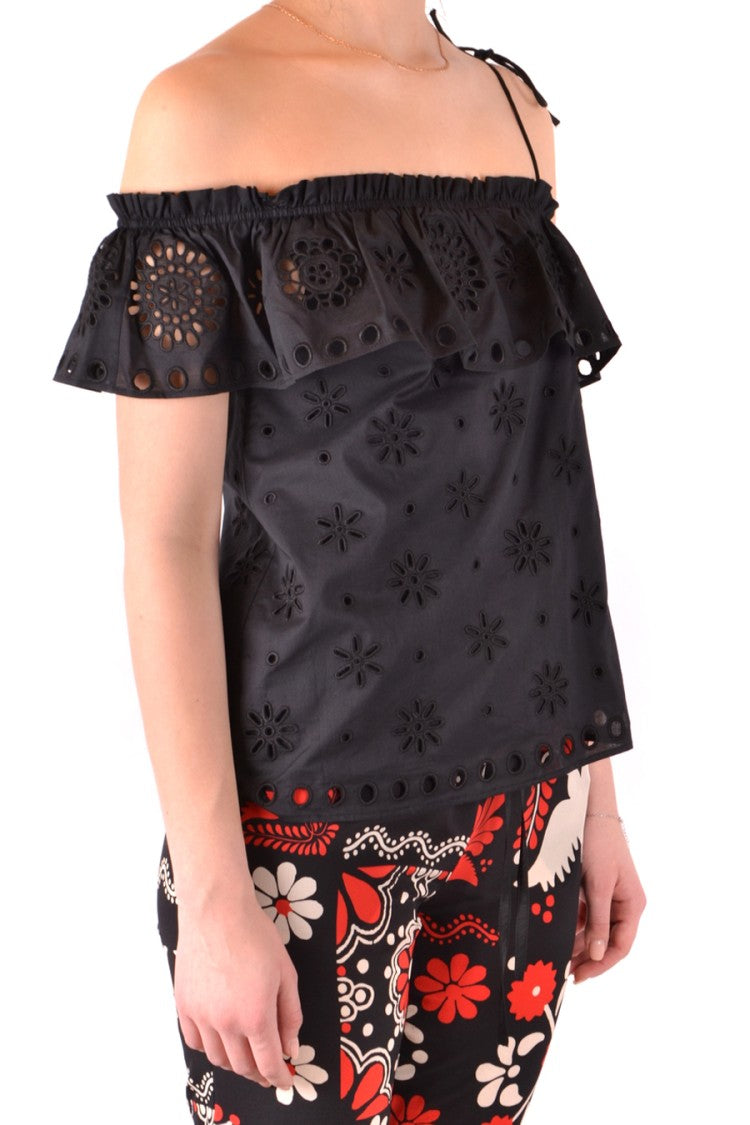 Off-Shoulder Black Top With Ruffled Overlay