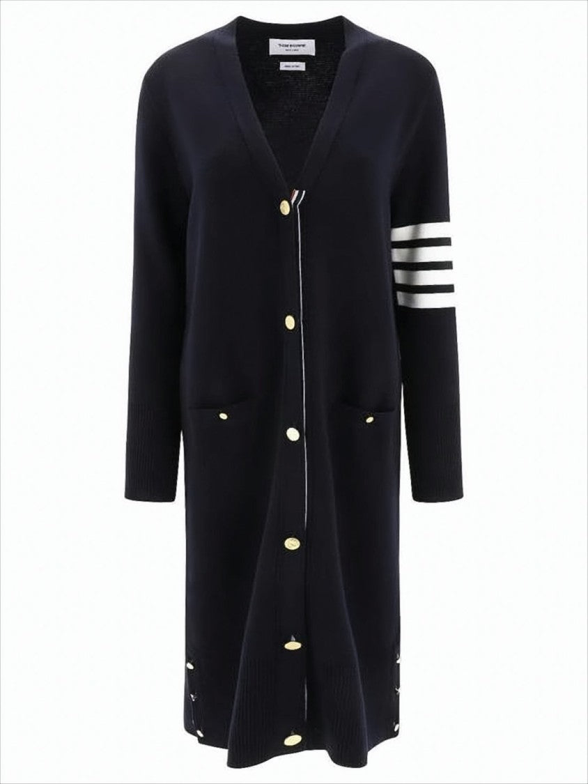 Merino Wool Long Cardigan with Deep V-Neckline and Gold-Tone Buttons