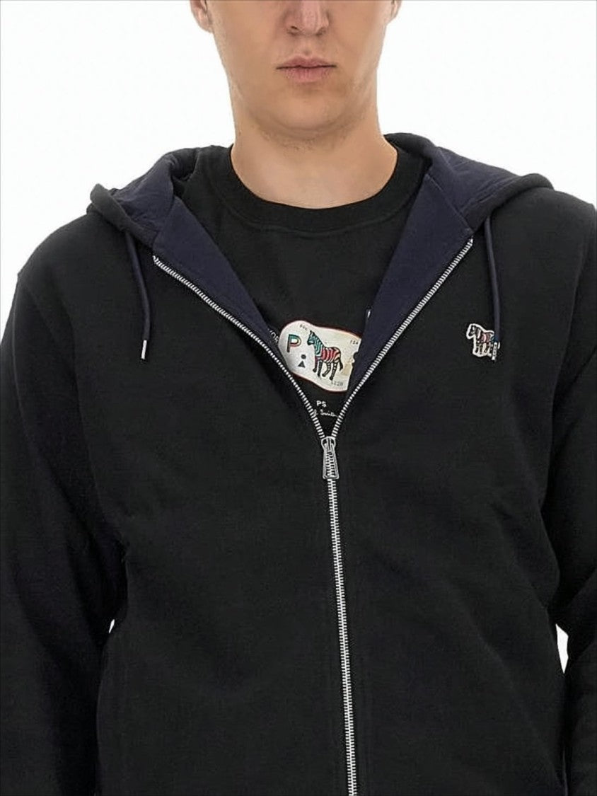Black Zip-Up Hoodie with Drawstrings and Embroidered Zebra