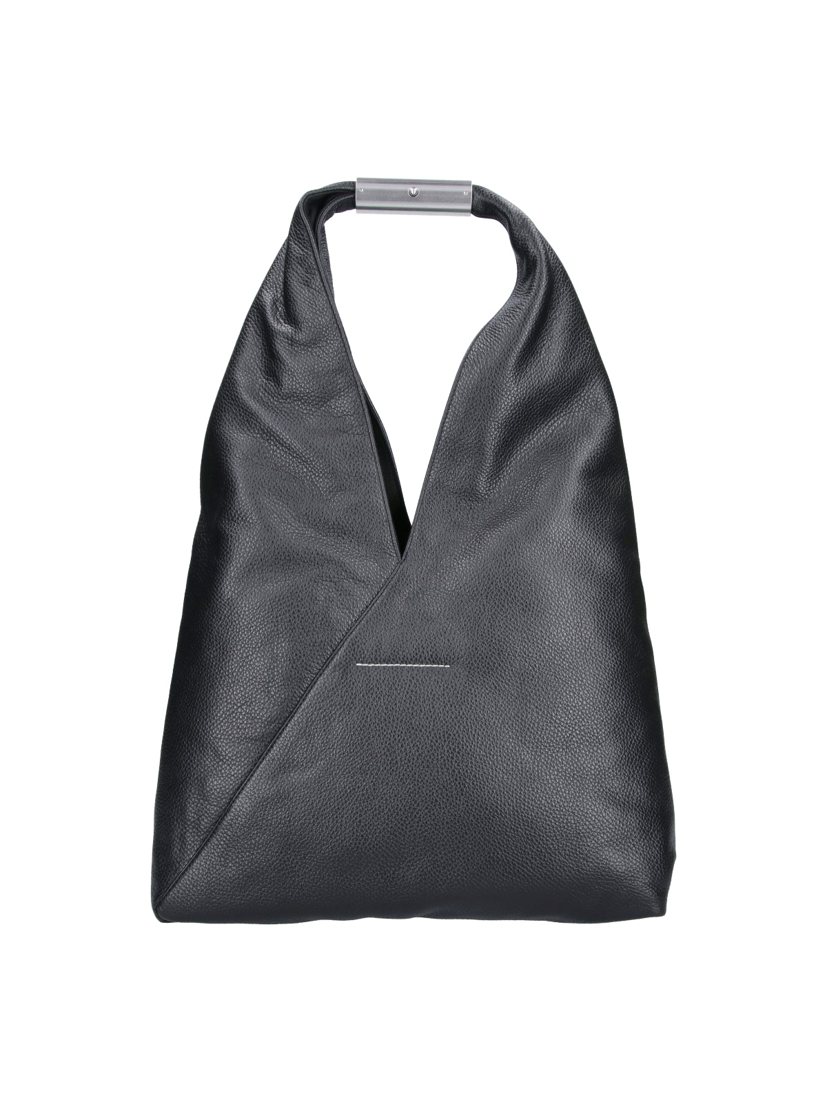 Black Triangular Pebbled Leather Silver Handle Handbag