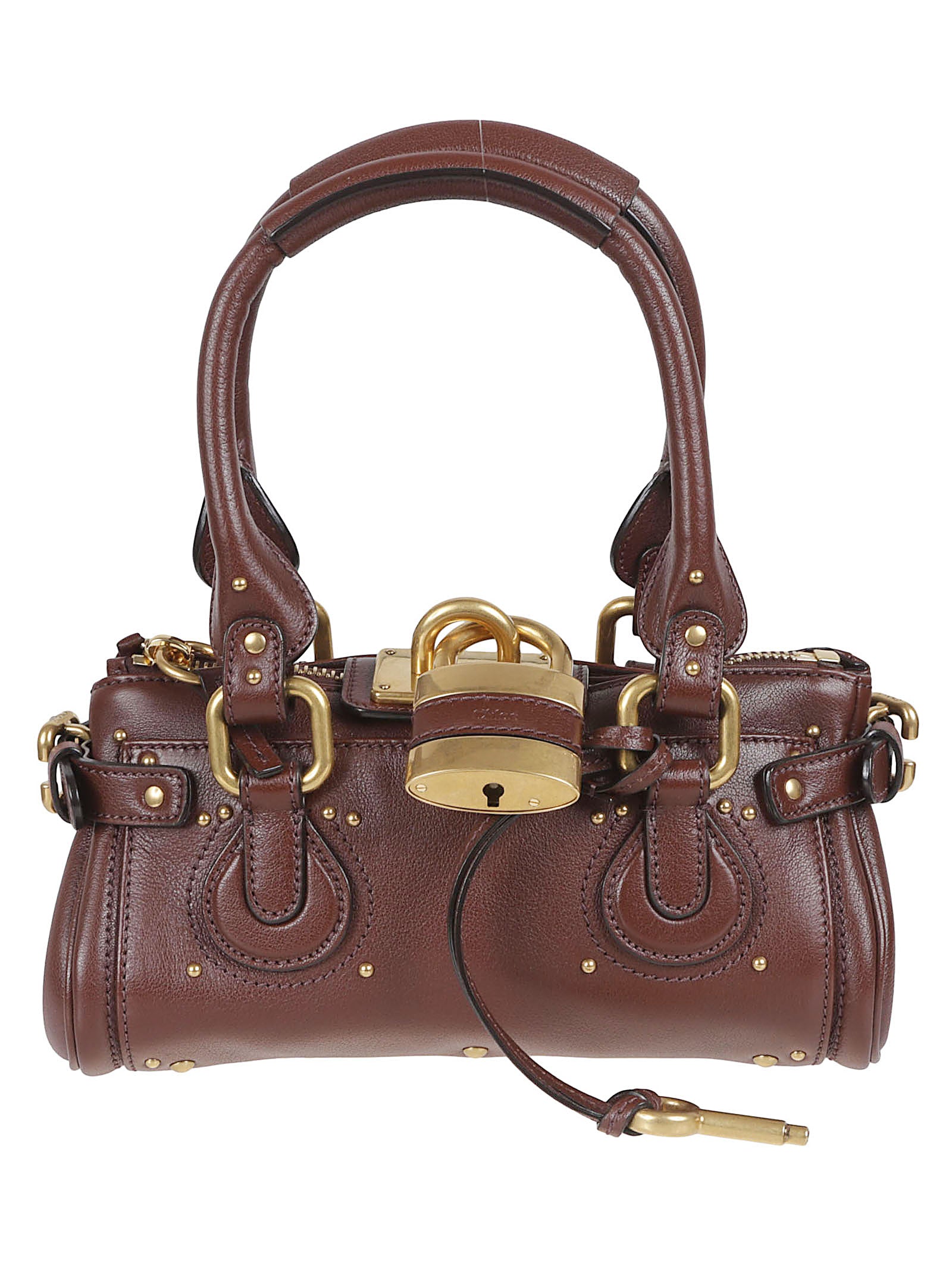 Textured Buffalo Leather Bag with Gold-tone Studs and Padlock Detail