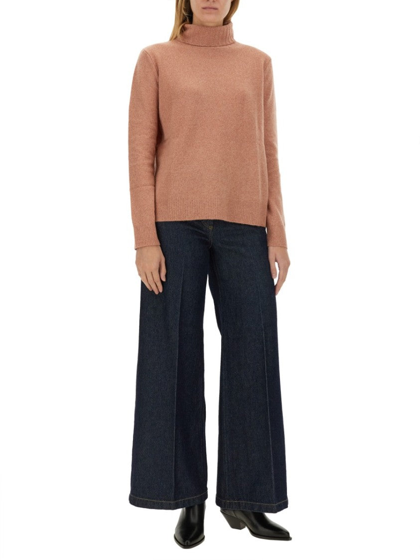 High-Neck Wool Jersey With Ribbed Hem