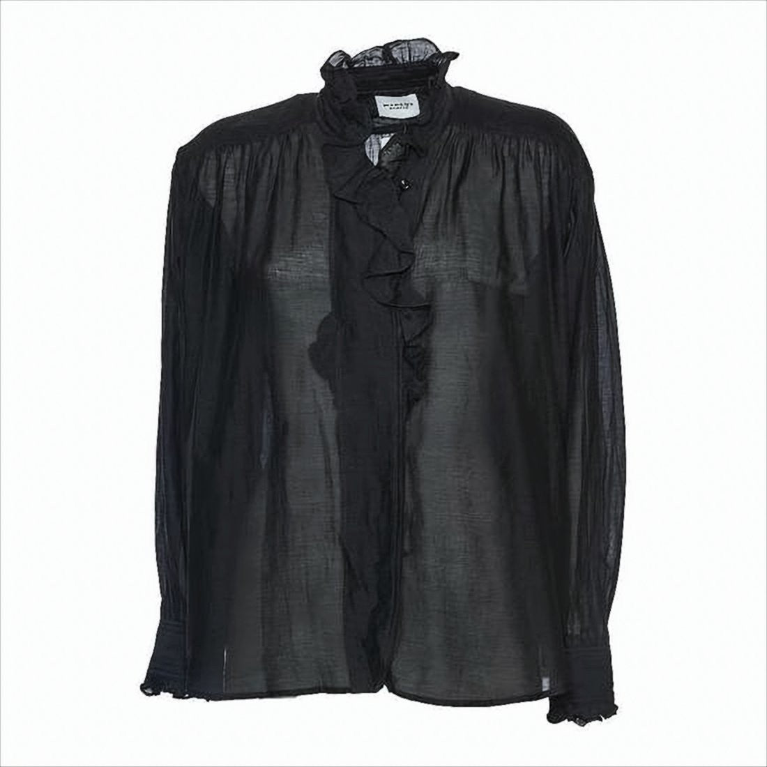 Semi-Transparent Blouse with Ruffled Neckline and Puff Sleeves
