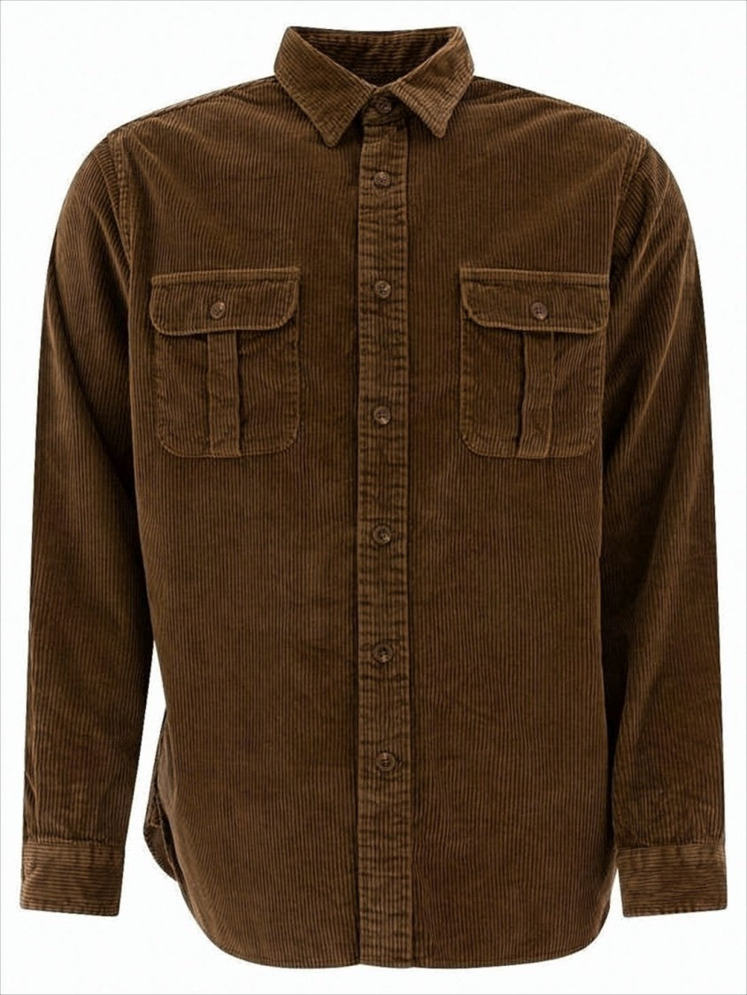Corduroy Long-Sleeve Shirt with Classic Collar and Flap Pockets