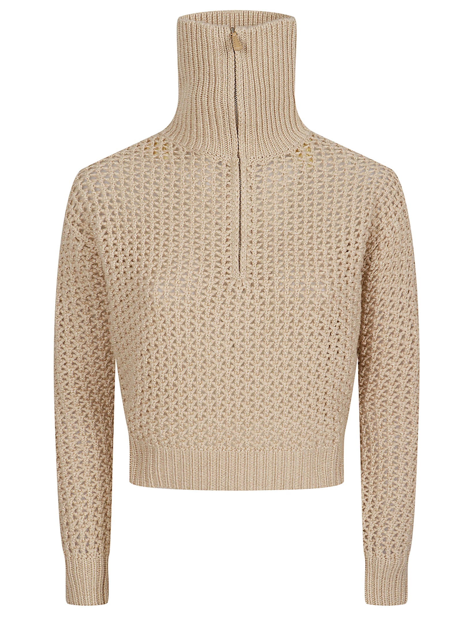 Cropped Sweater with Textured Knit and High Ribbed Collar