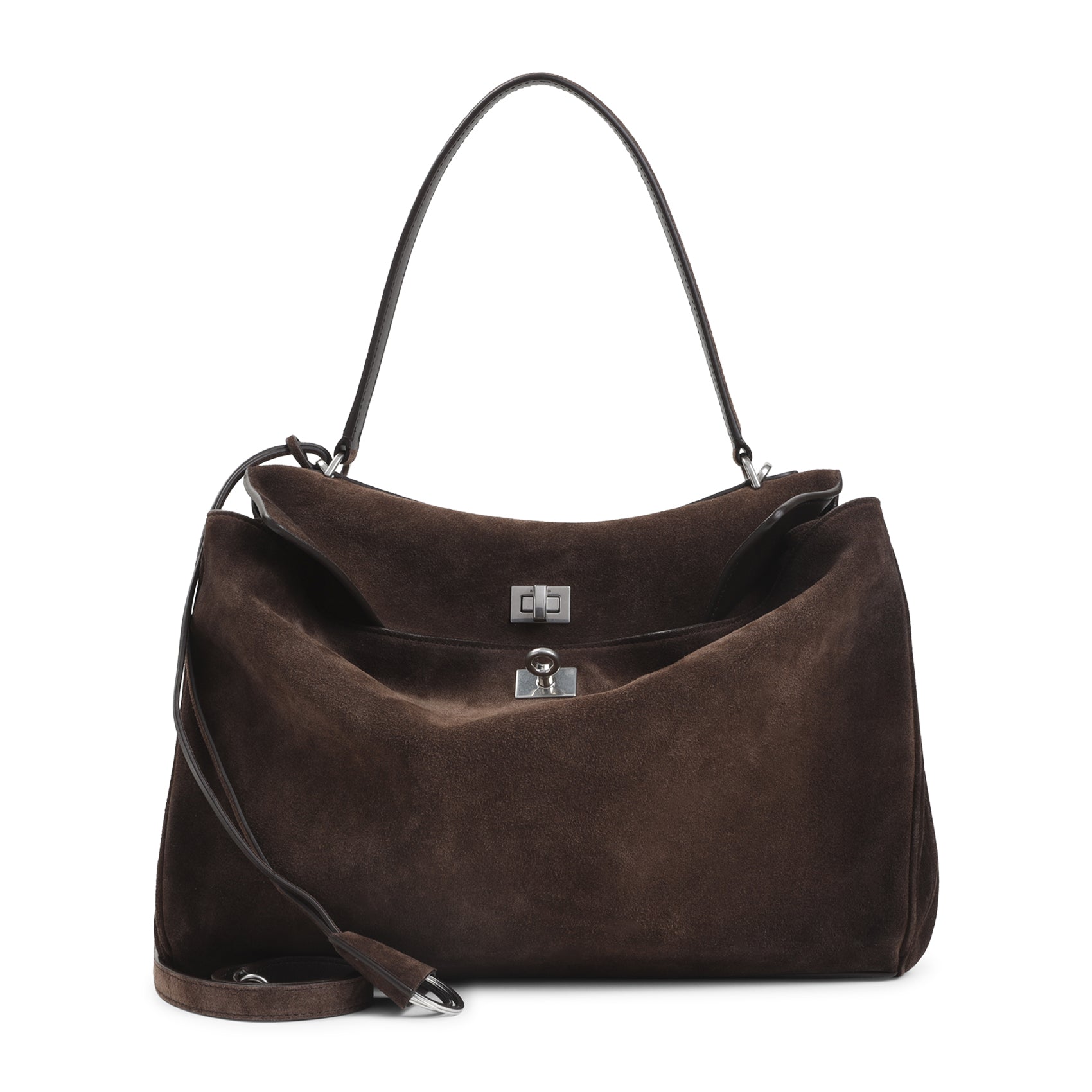 Spacious Brown Leather Handbag With Silver-Tone Closure