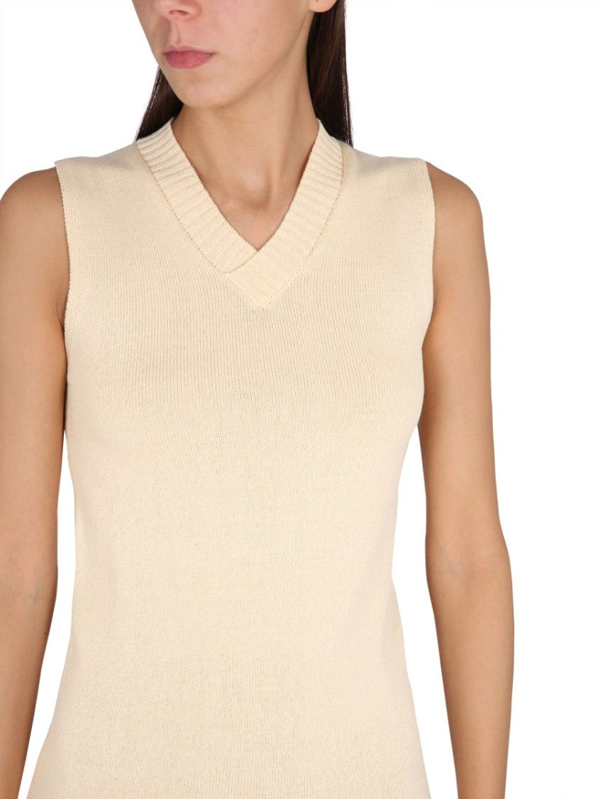 V-Neck Long Dress With Ribbed Edges