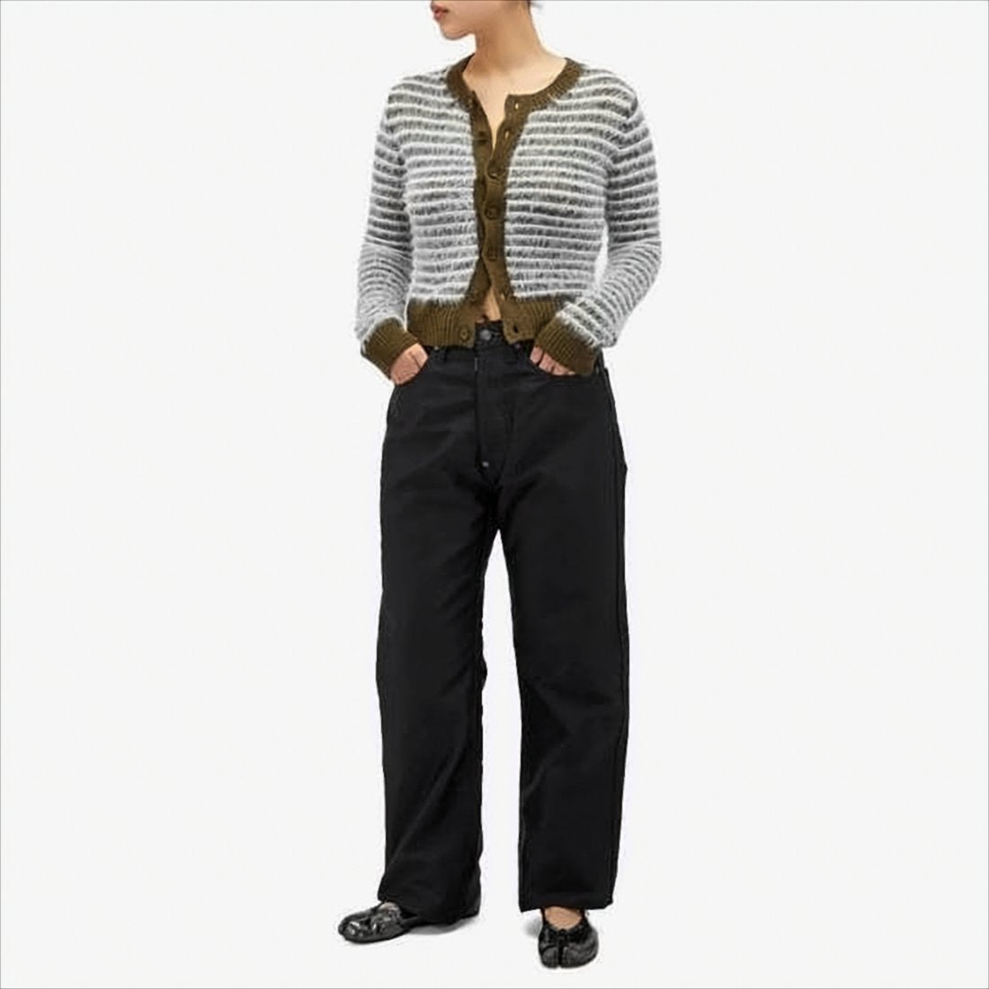 Fuzzy Knit Cardigan With Textured Stripes And Button-Down Front
