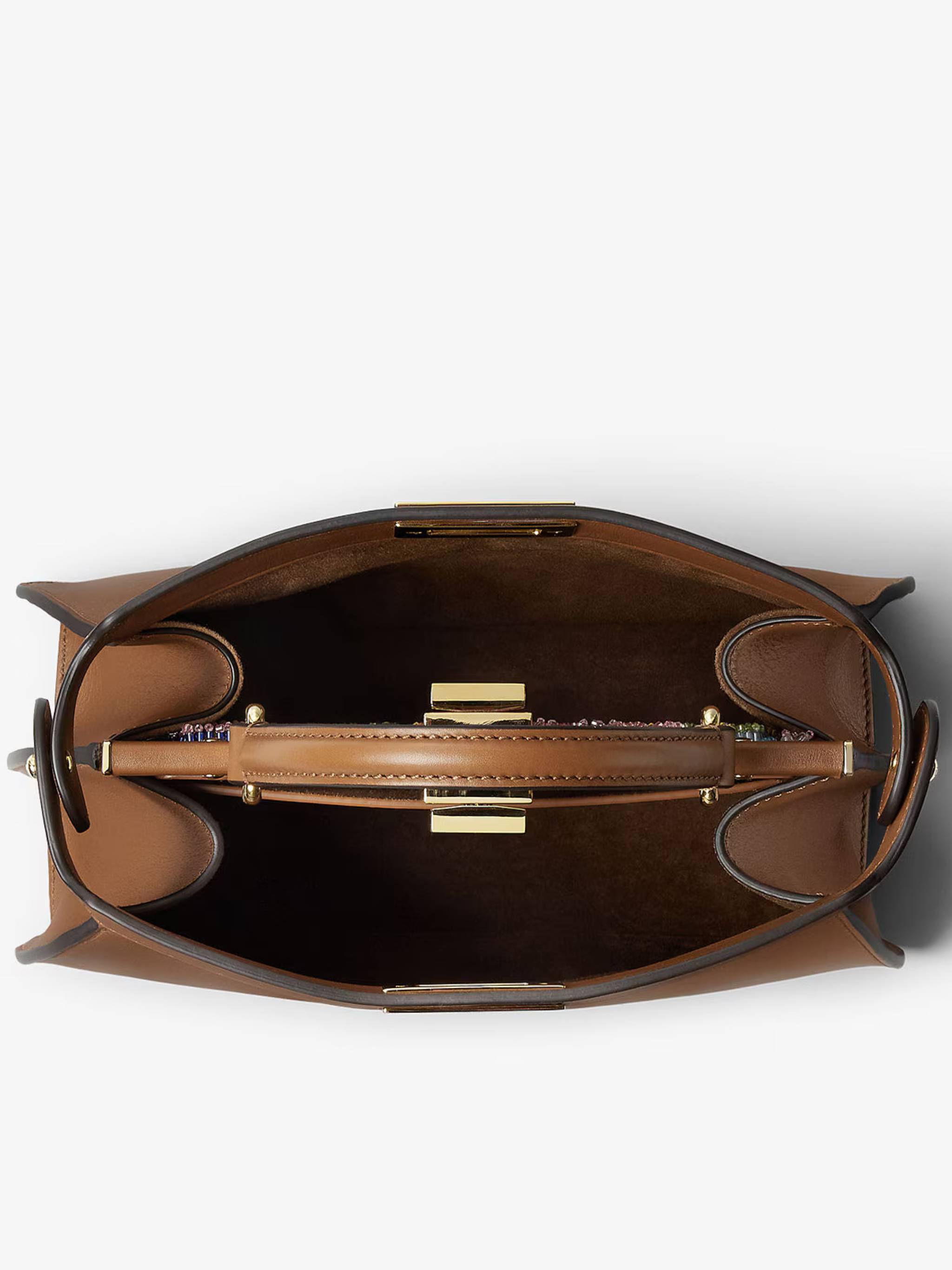 Structured Calf Leather Handbag with Beaded Flap and Gold-tone Hardware