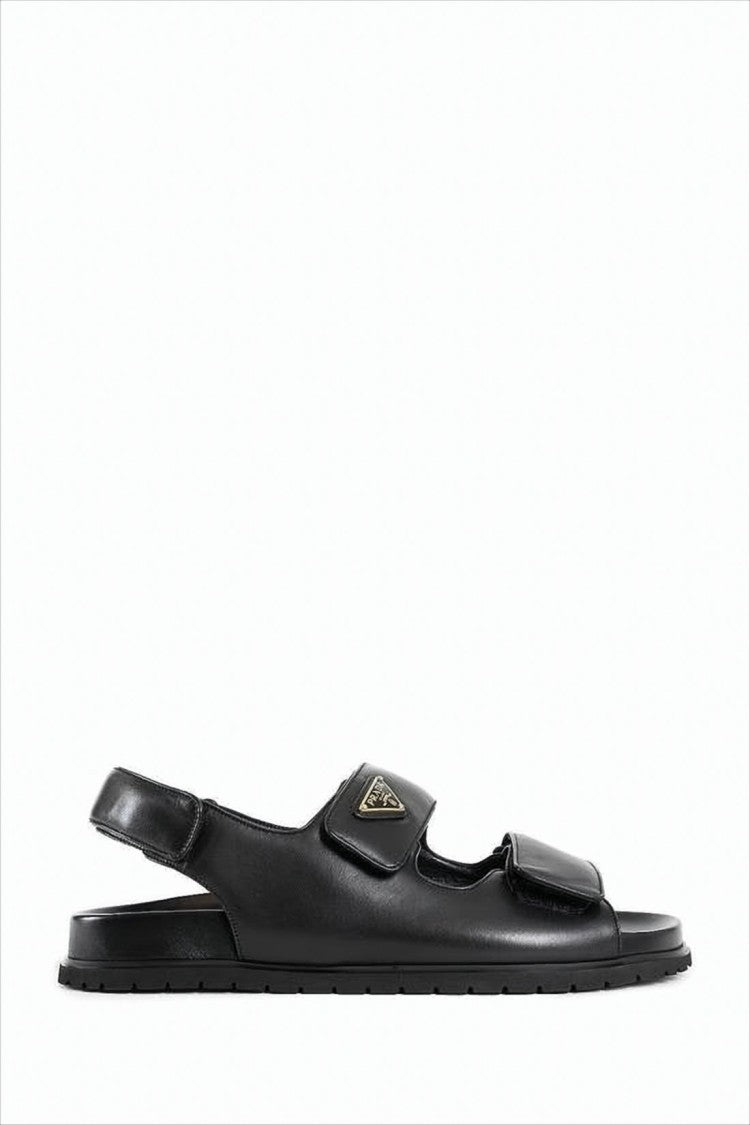 Black Leather Sandals With Adjustable Straps And Metal Logo