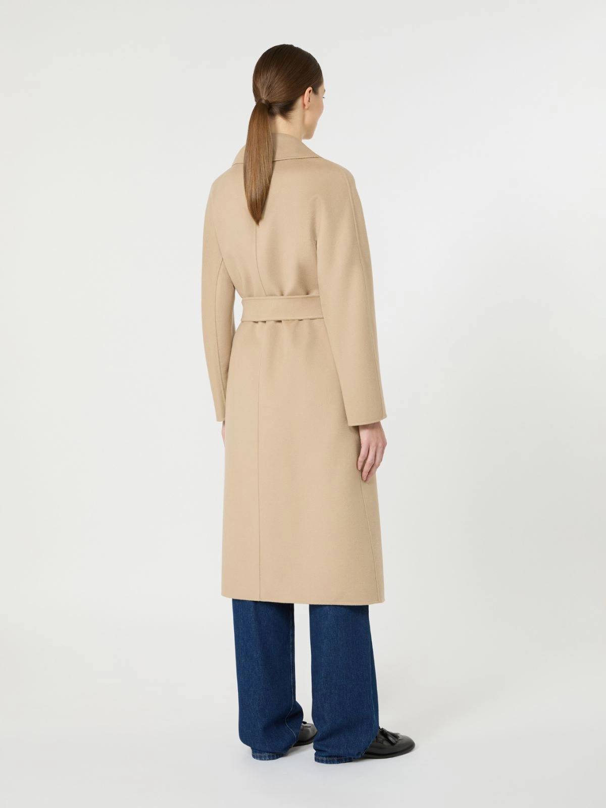 Knee-Length Coat with Wide Lapel and Self-Tie Belt