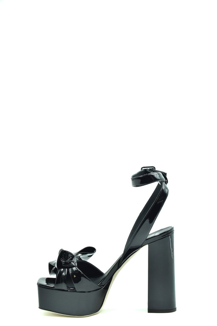Glossy Black Leather Sandals With Heel