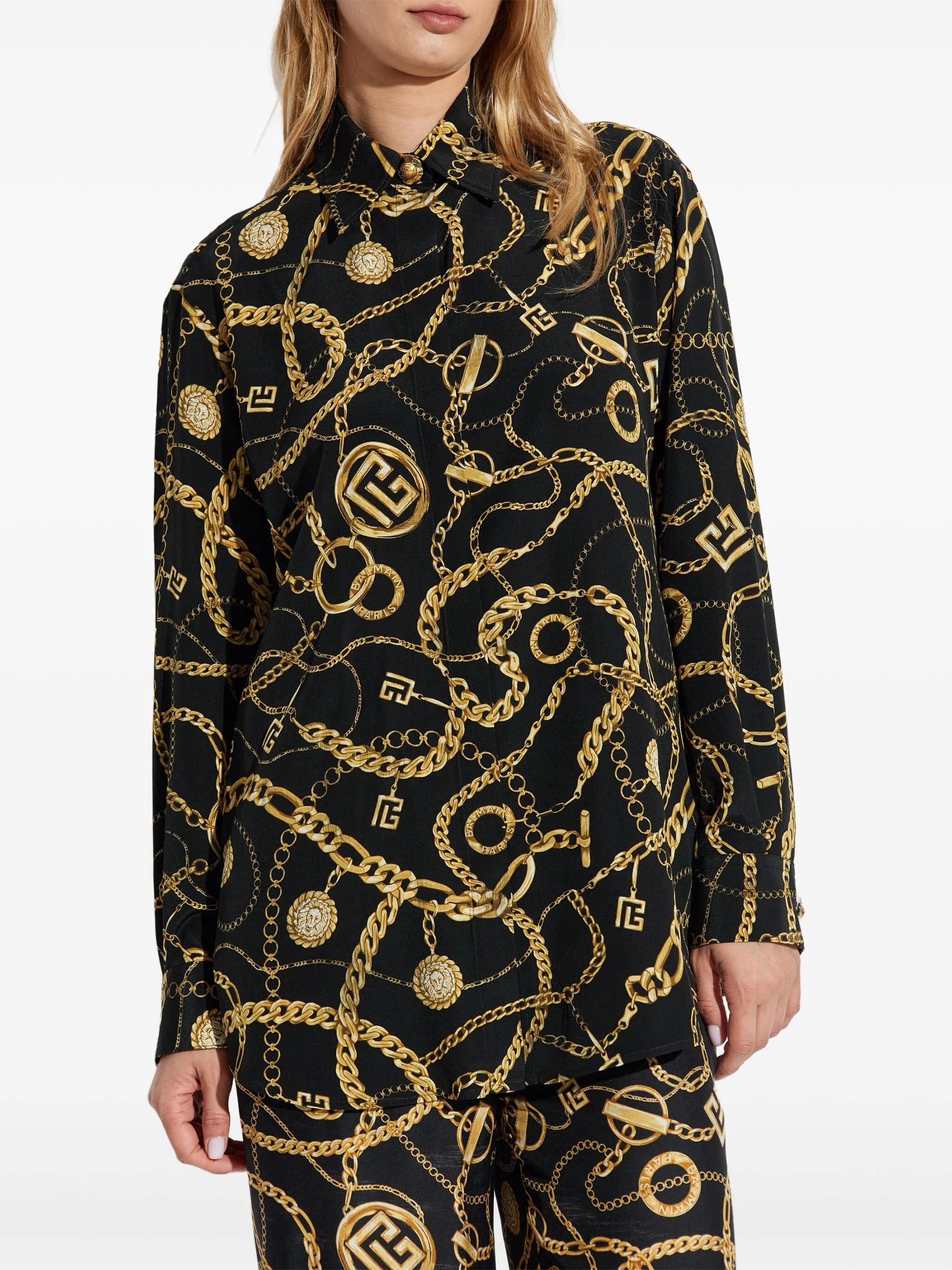 Black Ls Shirt Chain Print Silk Shirt