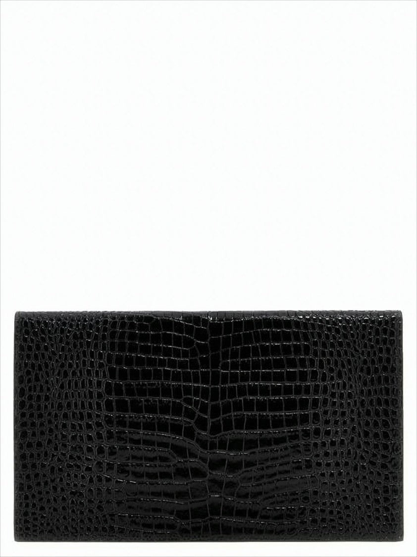 Crocodile-Embossed Black Calf Leather Clutch