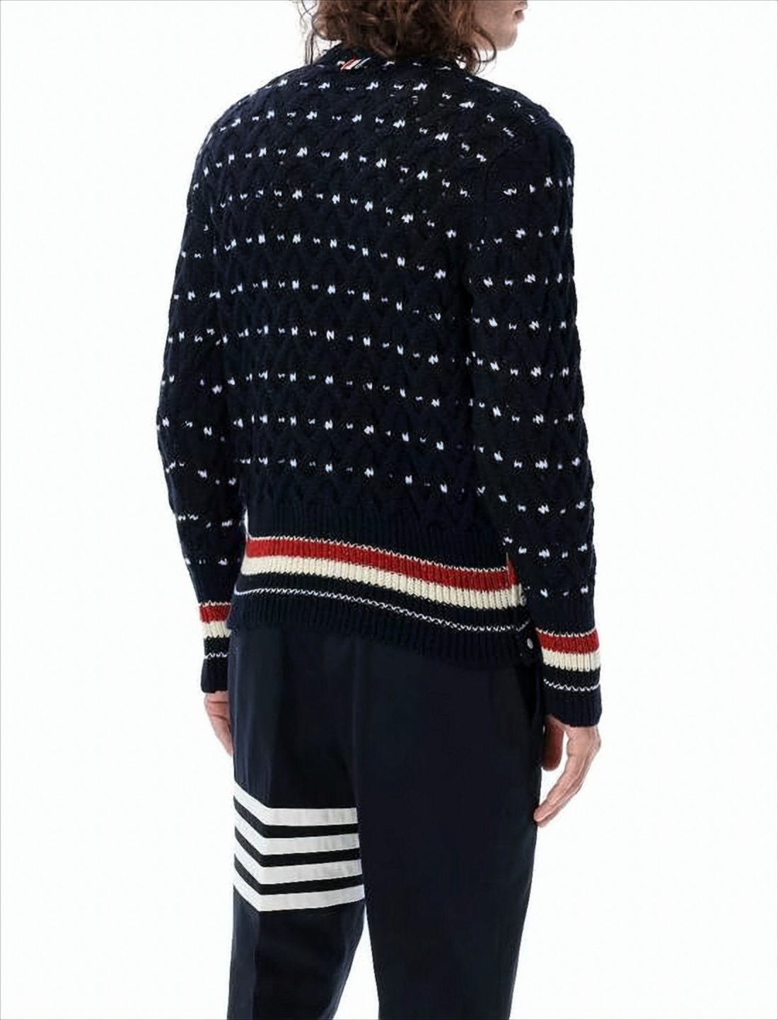 Textured Knit Sweater with Striped Hem and Contrasting Dots