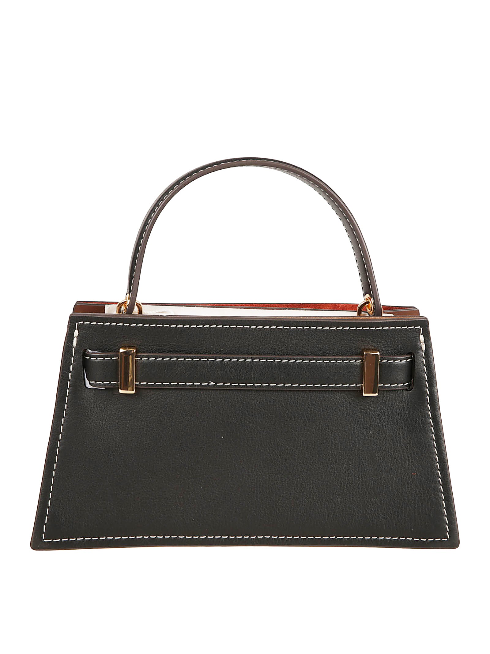 Structured Black Leather and Suede Handbag with T-Buckle Closure