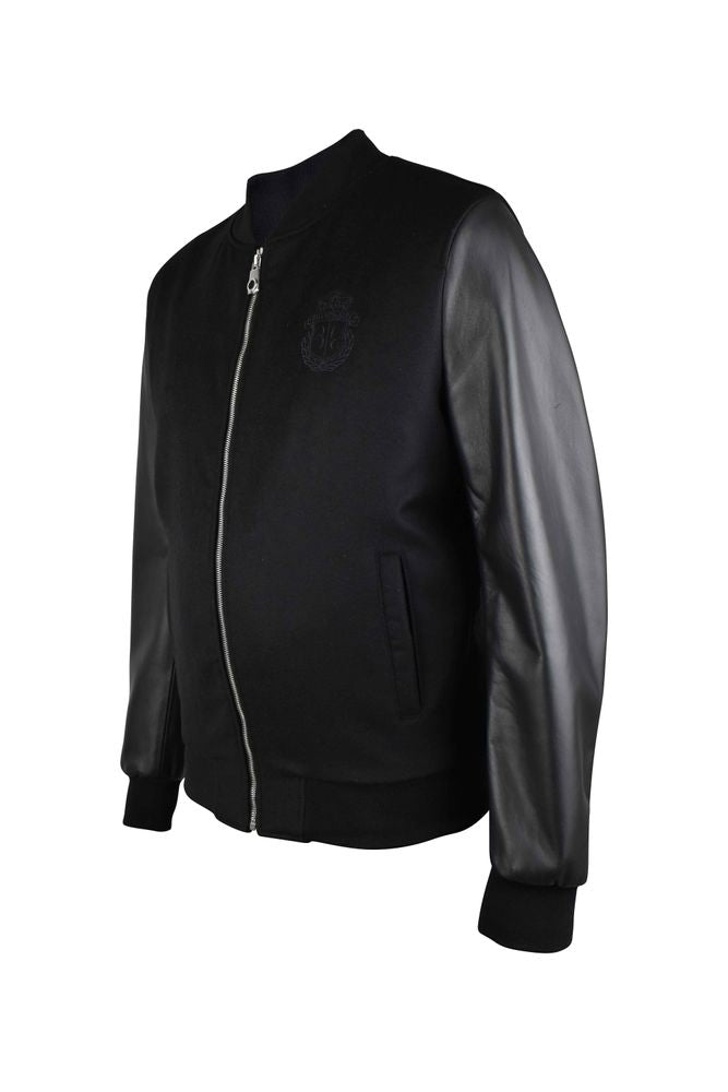Two-Material Bomber Jacket with Leather Sleeves