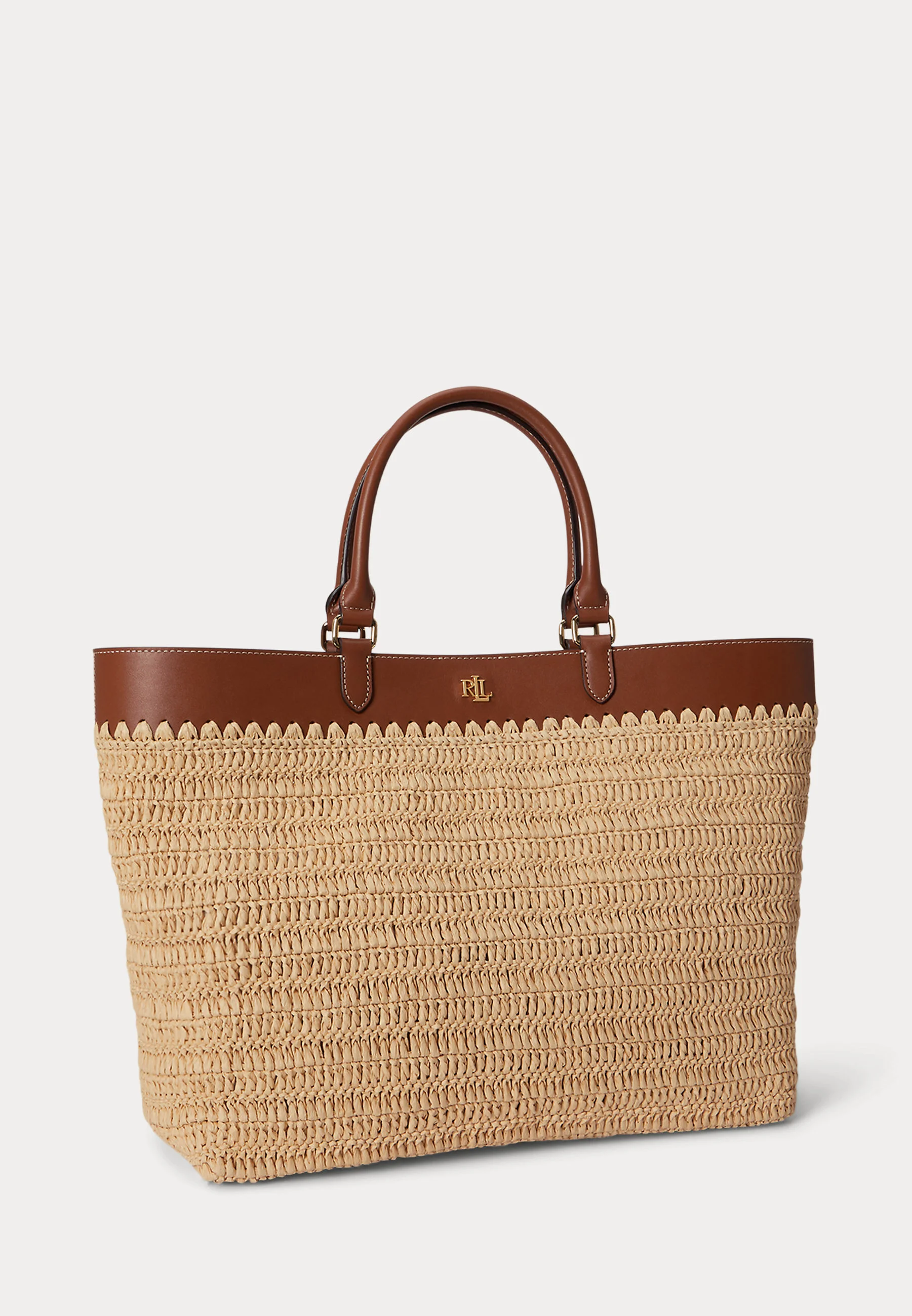 Woven Straw Tote Bag with Scalloped Edge