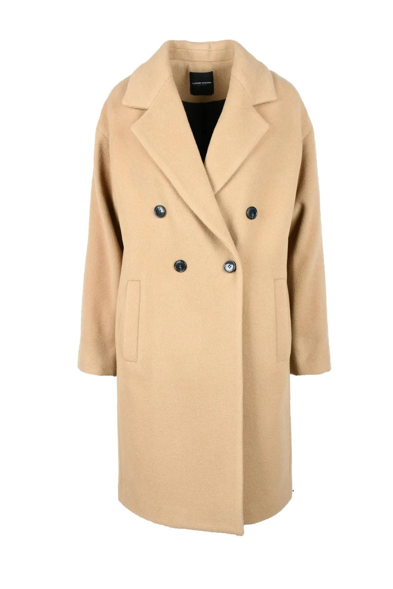Double-Breasted Beige Coat with Wide Lapel