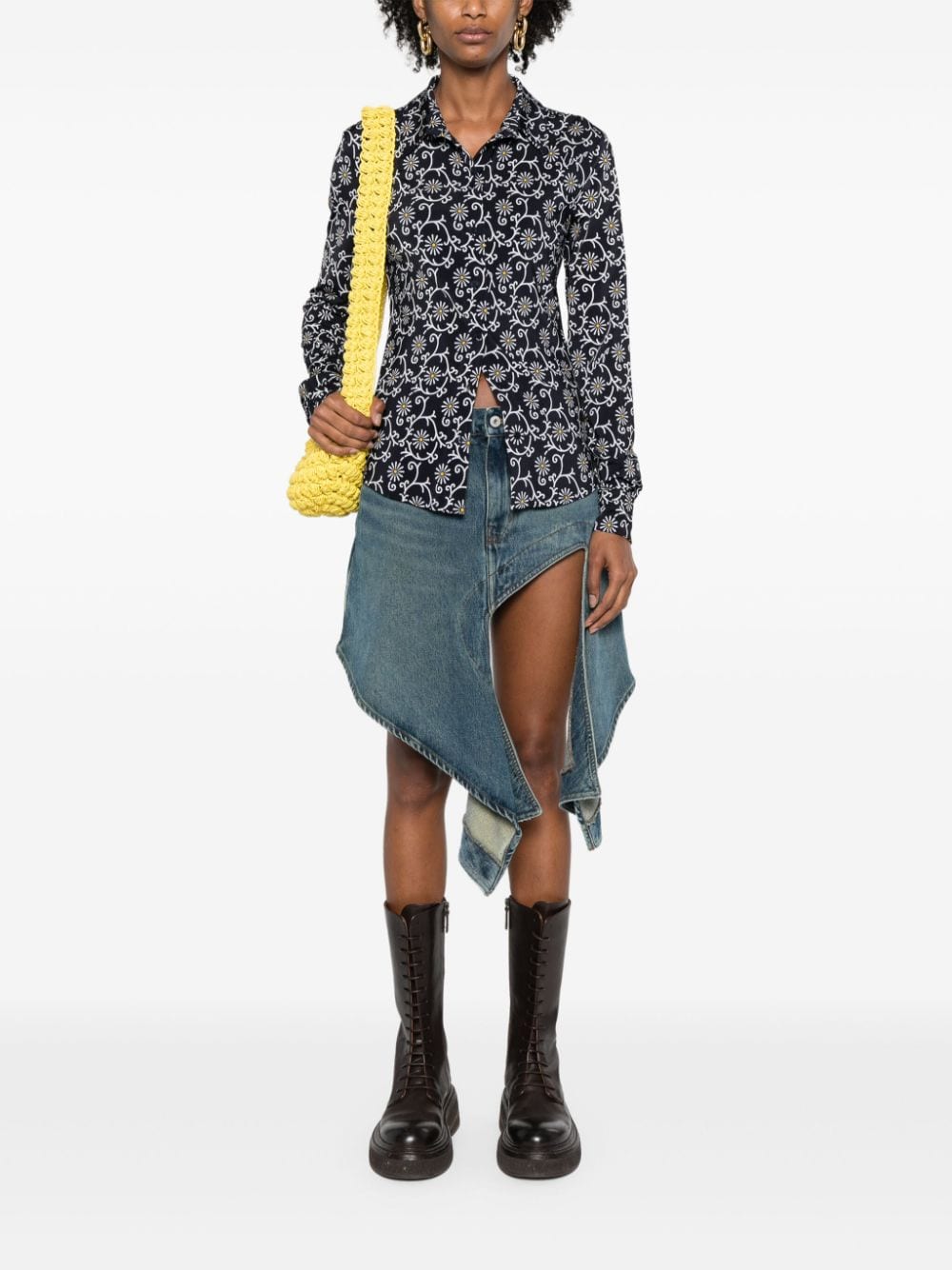 Midnight Blue Floral Print Stretch-Jersey Top