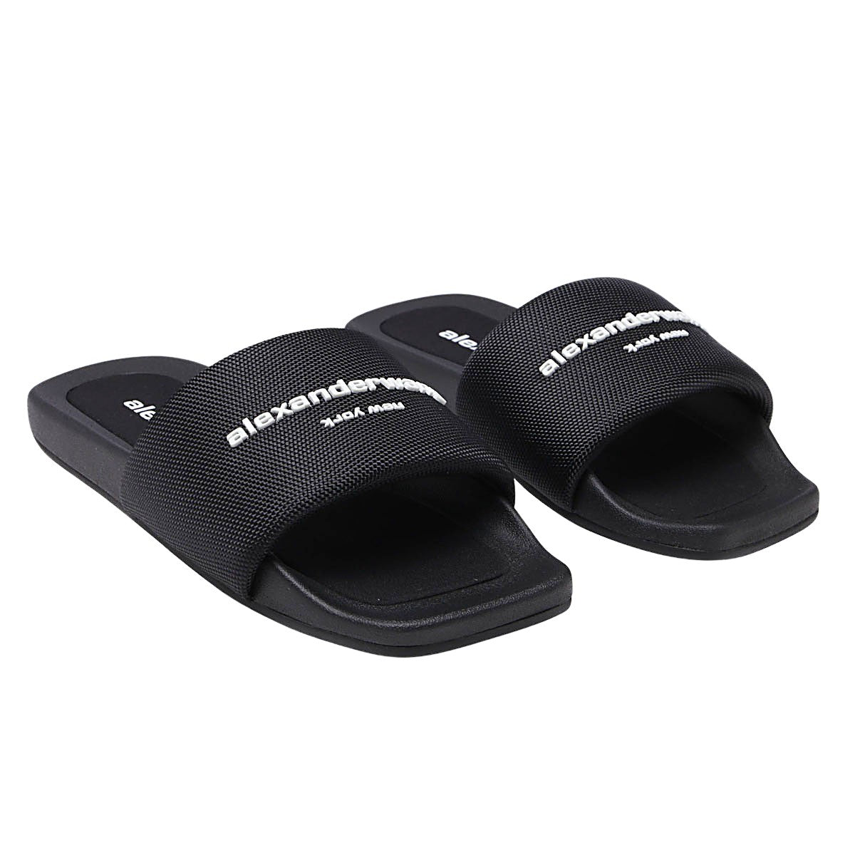 Black Slide Sandals with Textured Strap