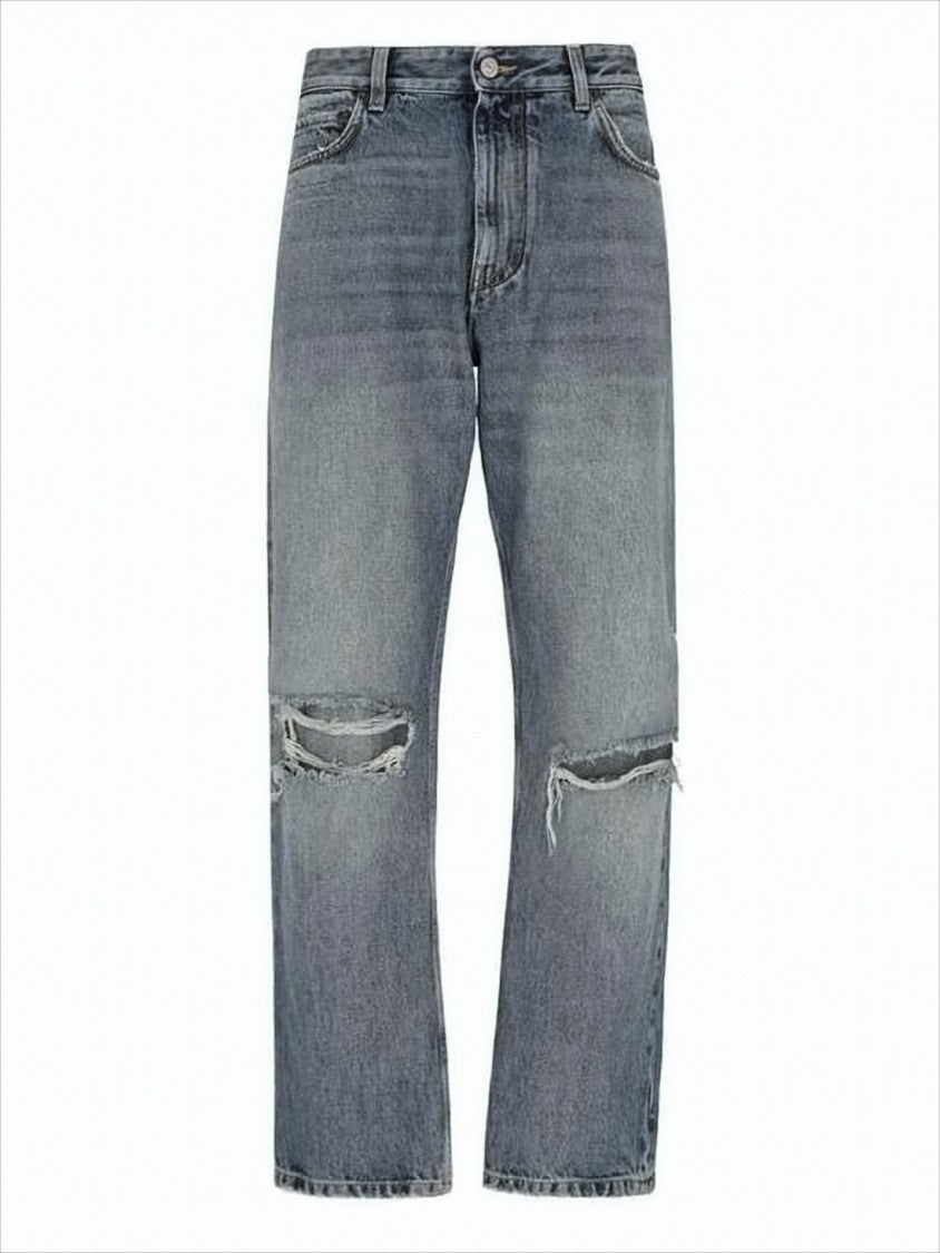 Distressed Denim Pants with Relaxed Fit and Classic Five-Pocket Design