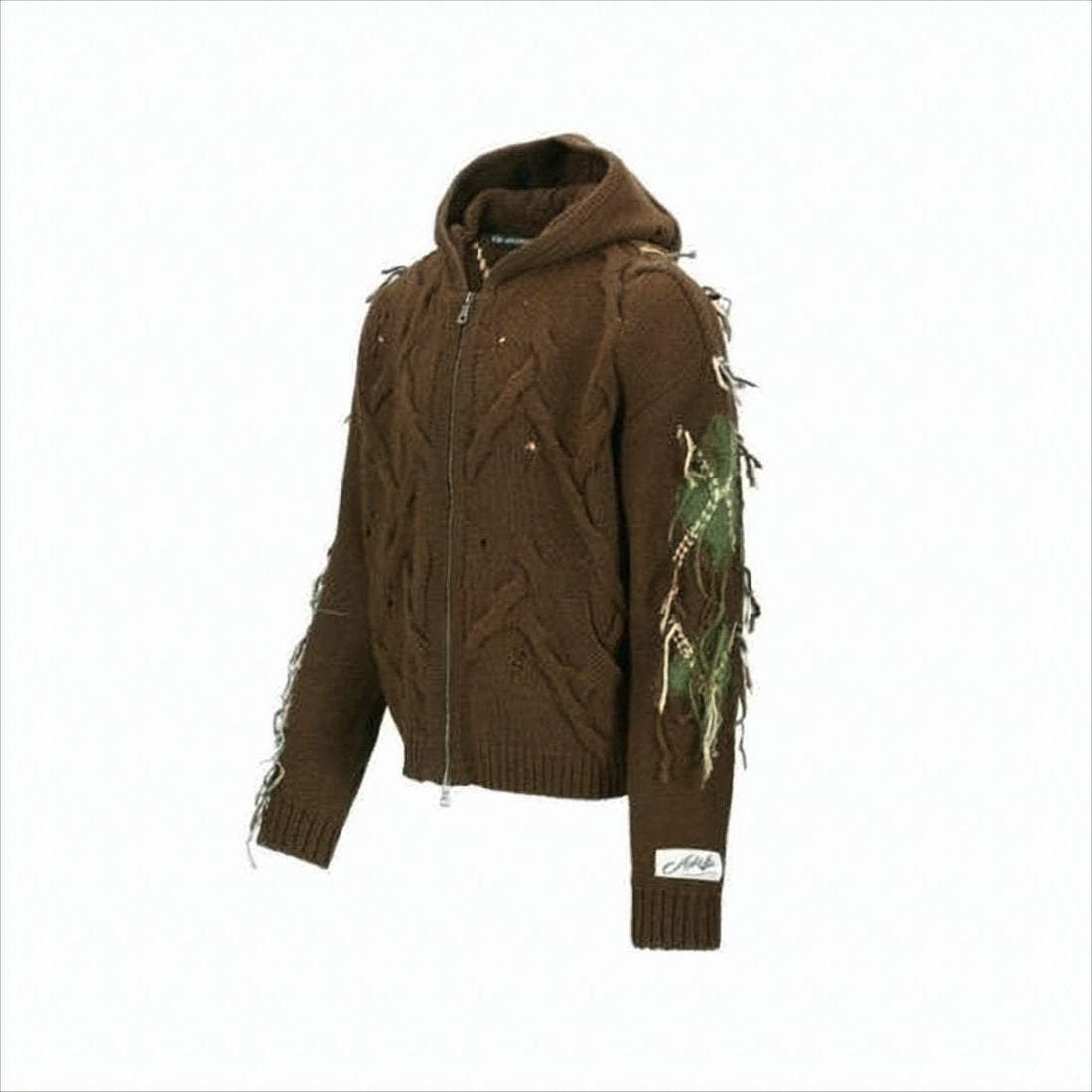 Textured Brown Zip-Up Hoodie with Cable Knit