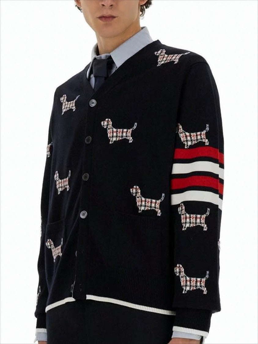 Black Wool Blend Cardigan with Playful Dog Motif