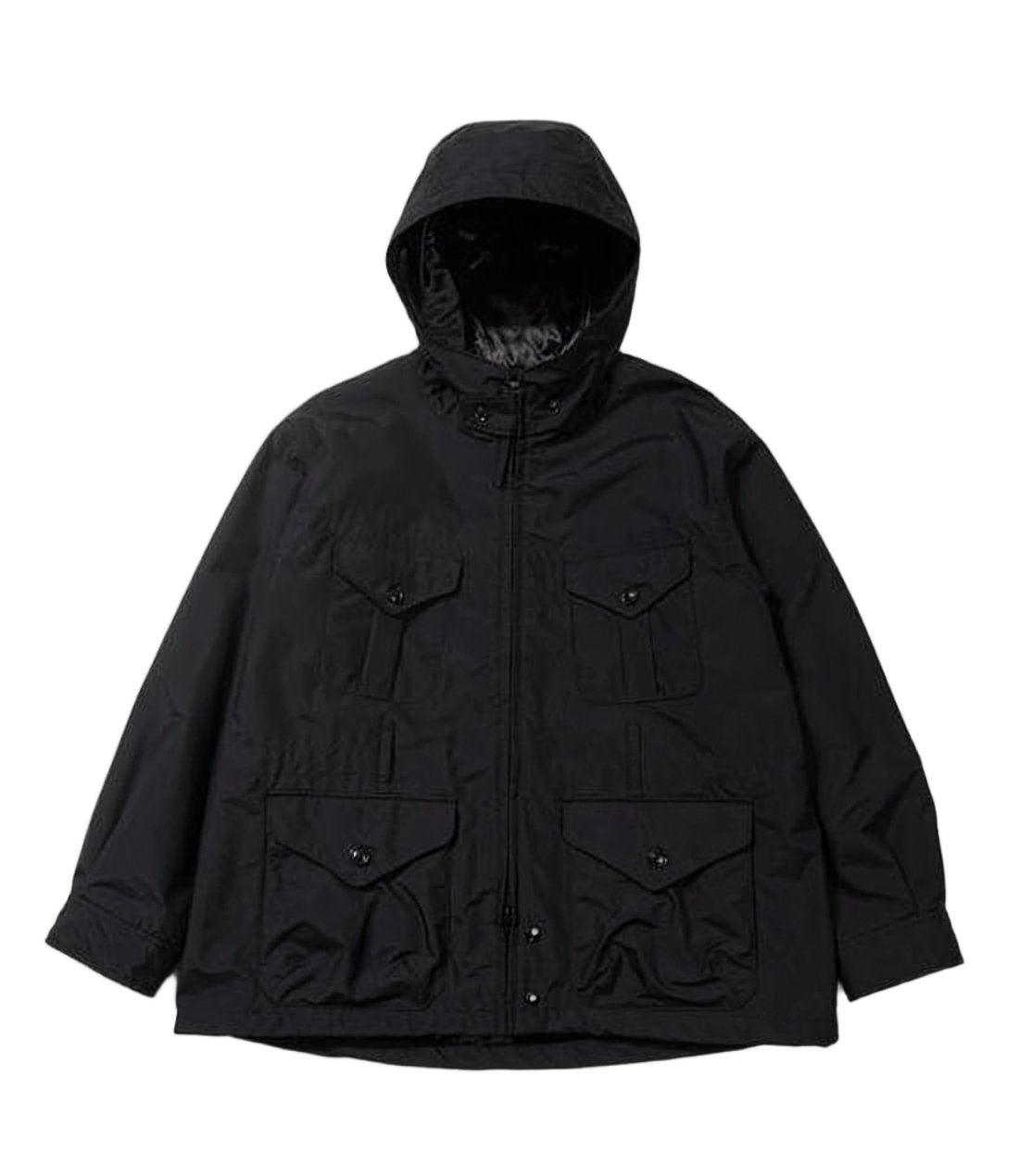 Black Hooded Jacket With Adjustable Cuffs And Flap Pockets