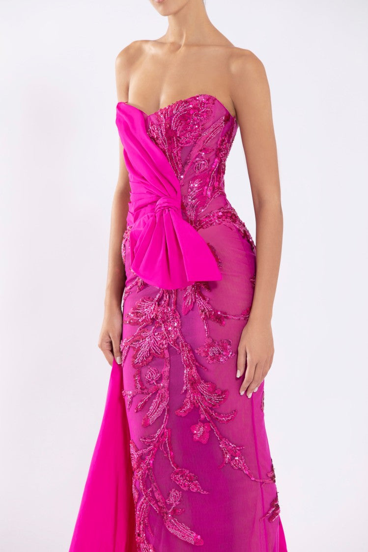 Tulle Strapless, Beaded Dress With A Taffeta Draping And Tail