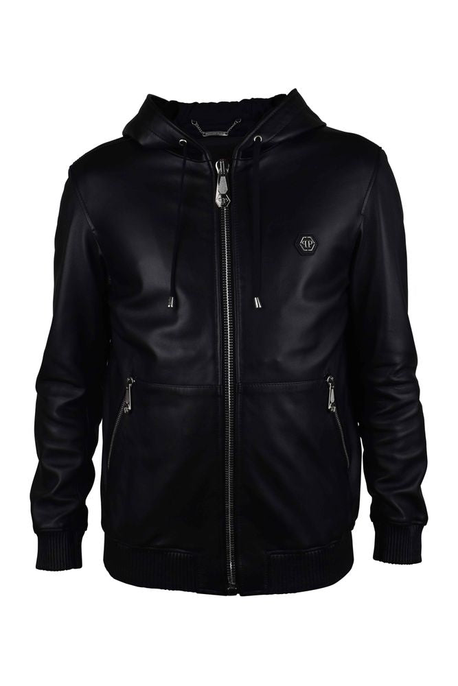 Smooth Black Leather Hooded Jacket