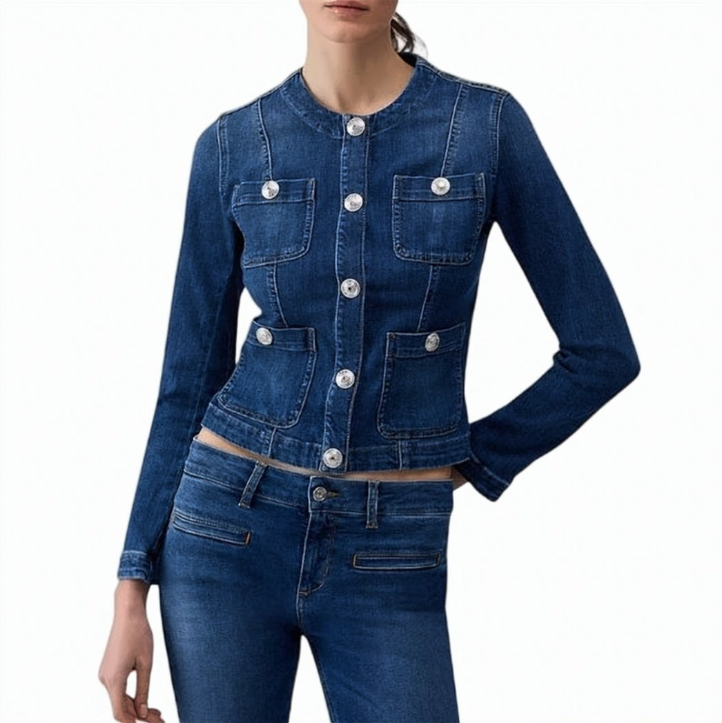 Faded Denim Mandarin Collar Jacket