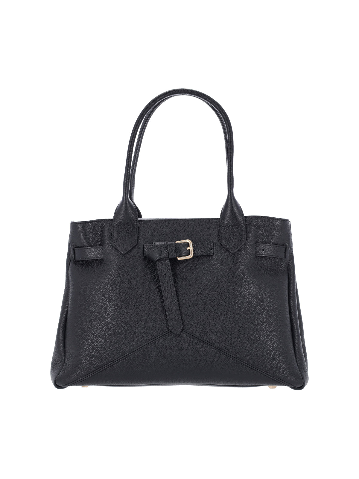Structured Black Calf Leather Tote With Adjustable Buckle Detail