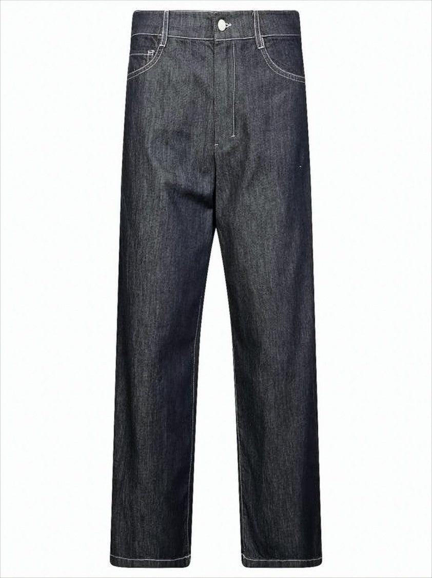Wide-Leg Cropped Denim Pants with High Waist and Contrast Stitching