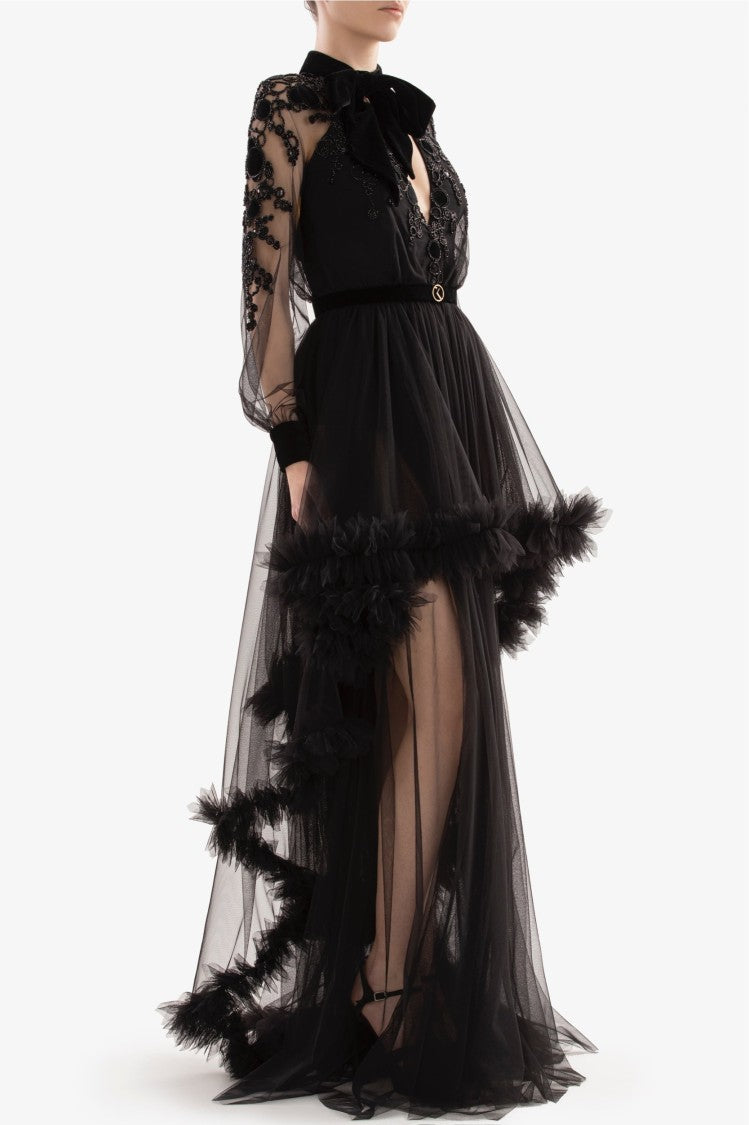 Embroidered Tulle Dress With Ruffles