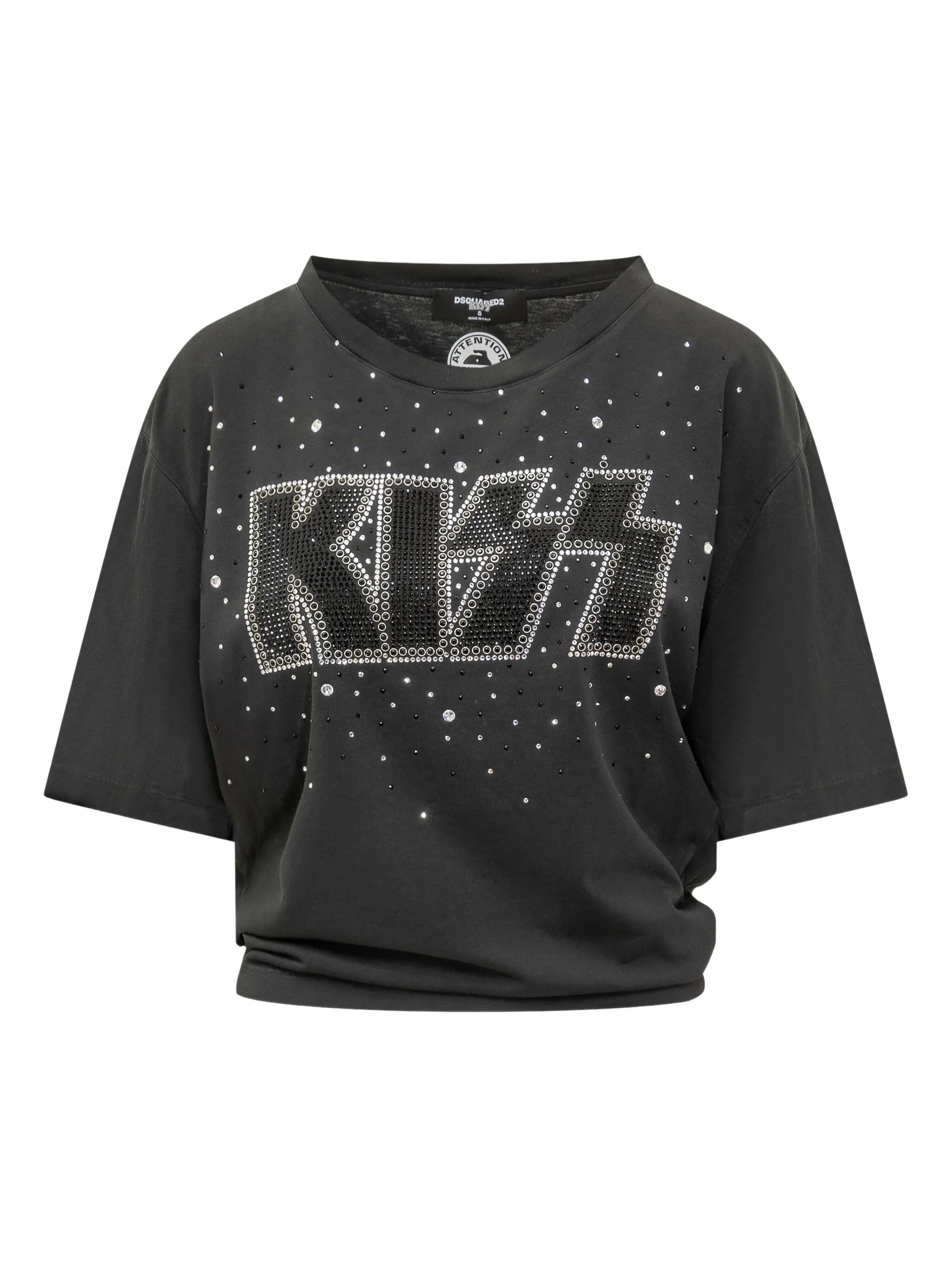 Cropped Black Studded Kiss Graphic T-Shirt