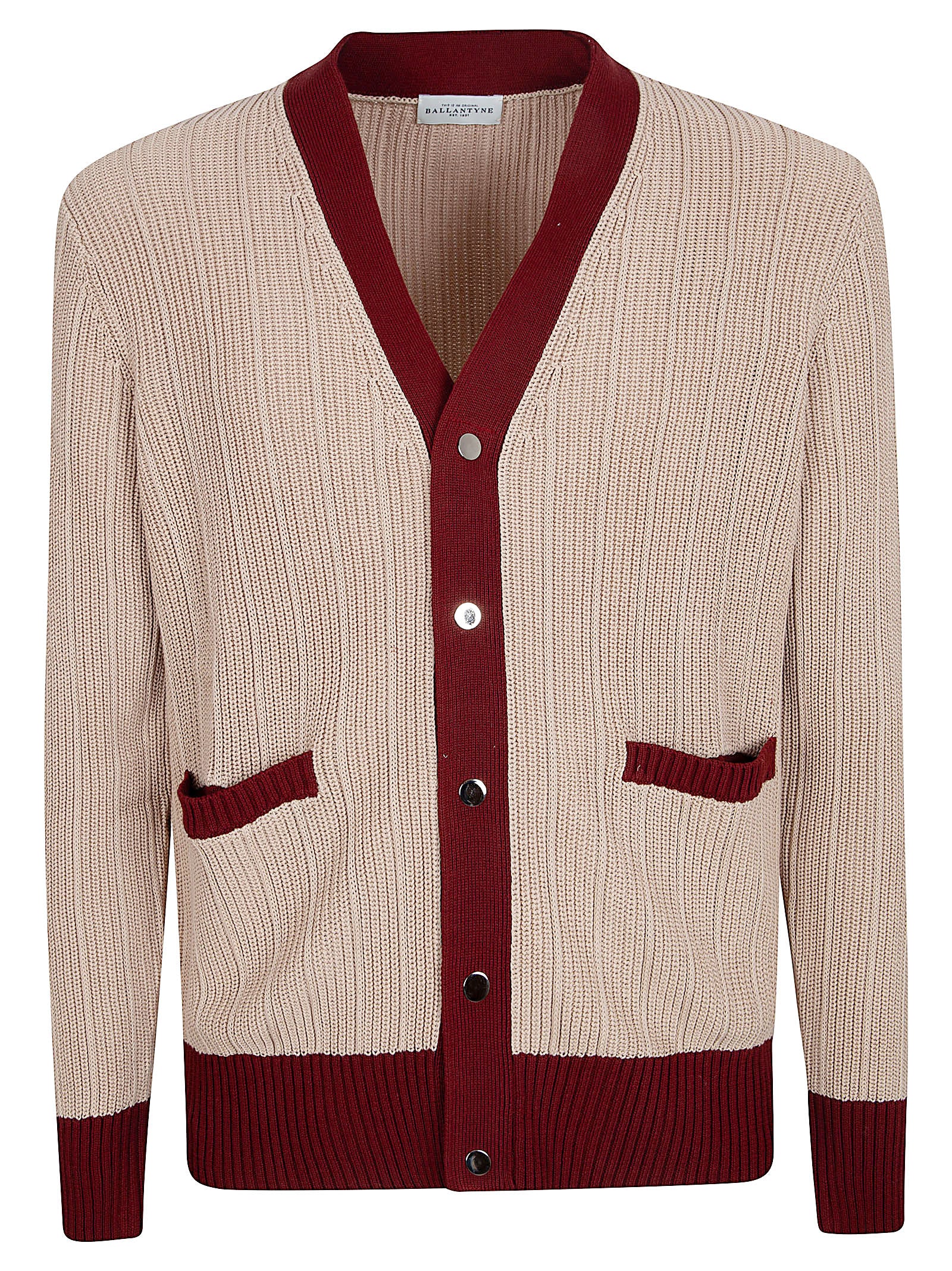 Ribbed Cardigan with Burgundy Accents and Button-Down Front