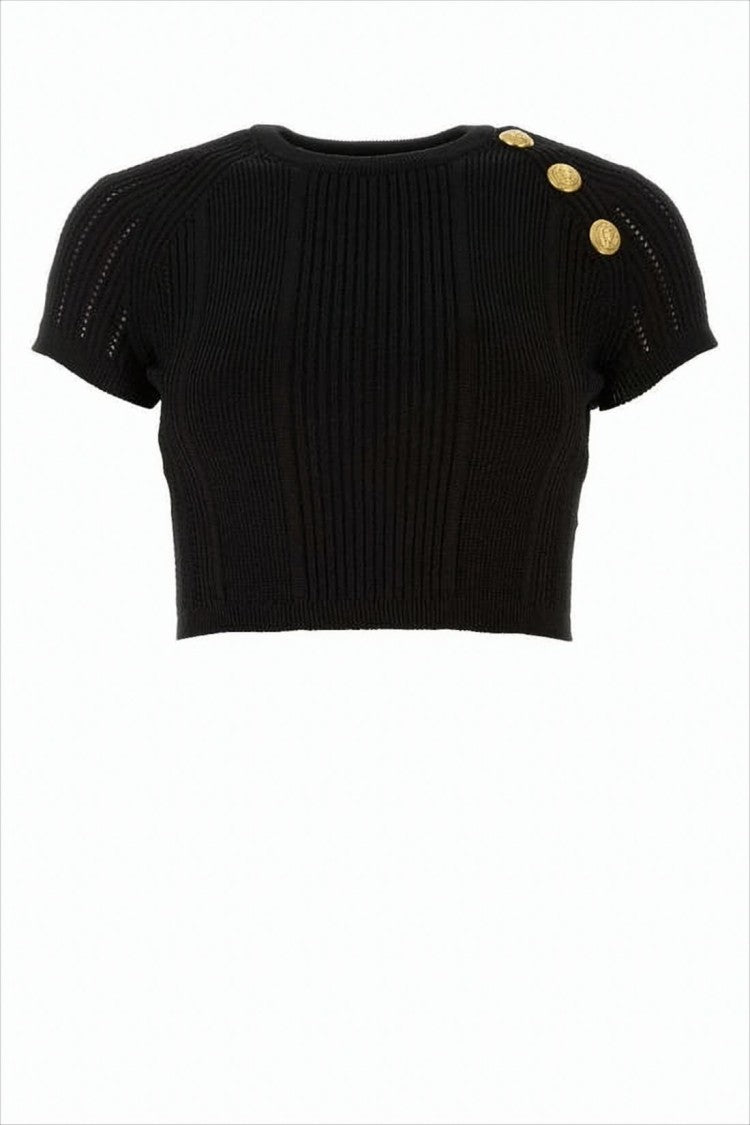 Cropped Short-Sleeve Knit Top with Decorative Gold Buttons