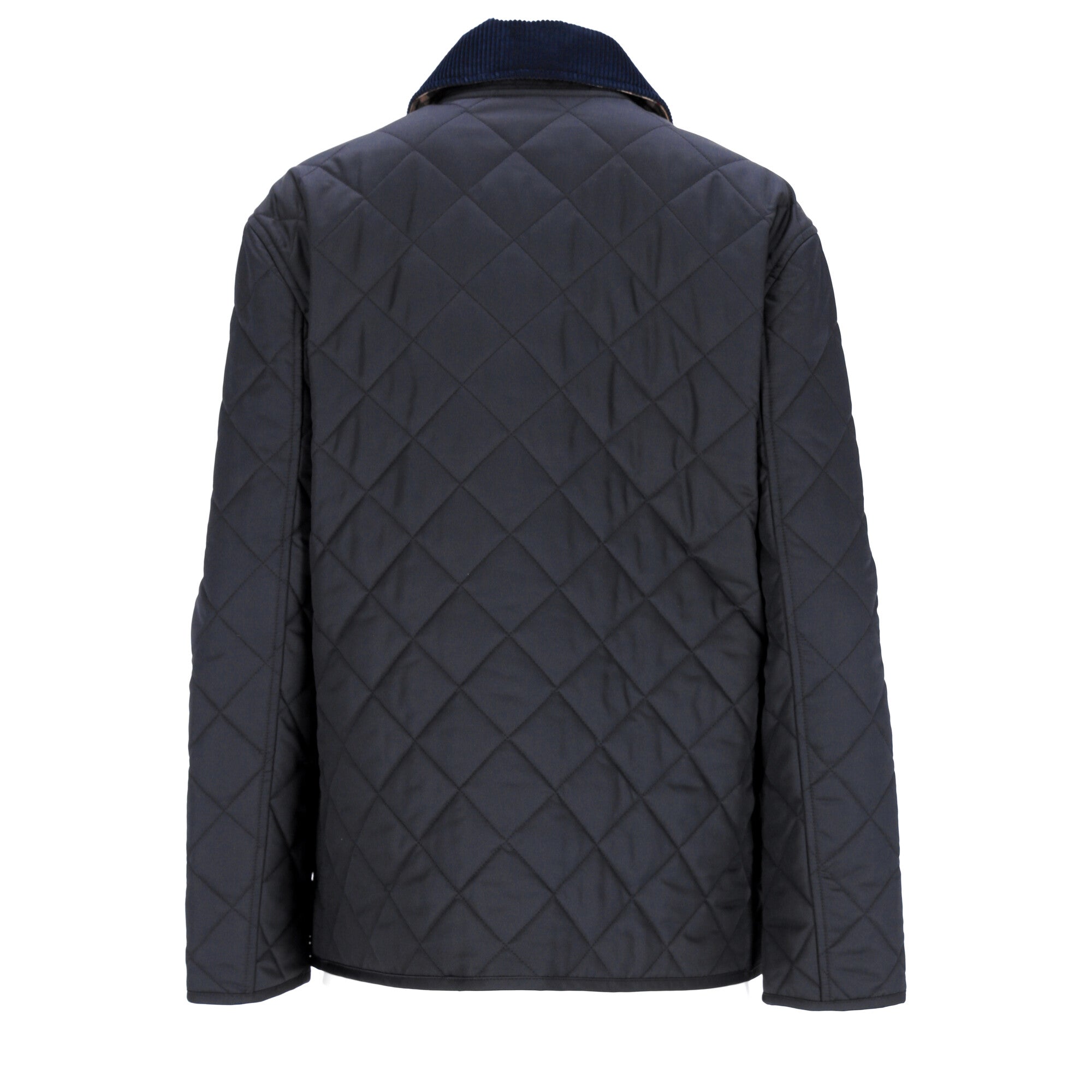 Quilted Blue Jacket With Corduroy Collar And Signature Details