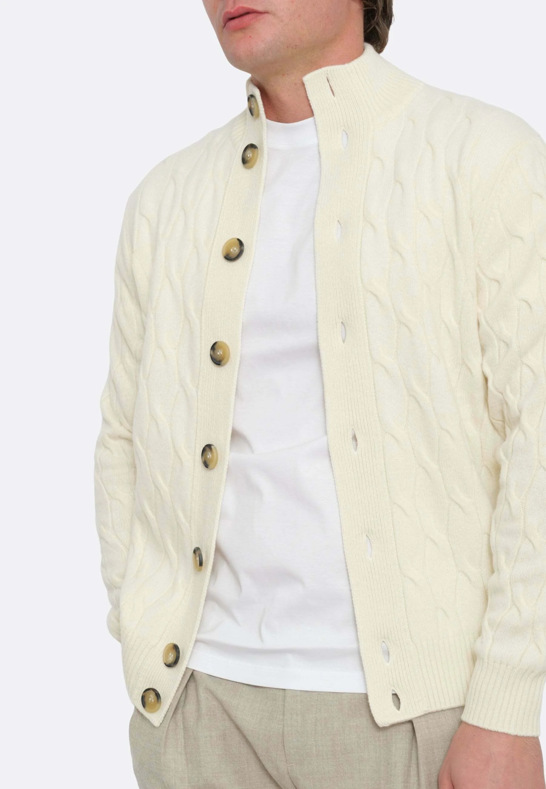 Textured Cable Knit Cardigan With High Collar