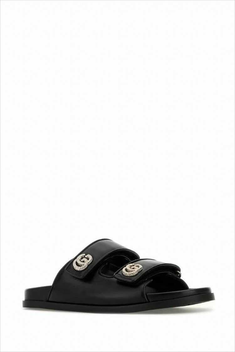 Flat Black Leather and Canvas Sandal