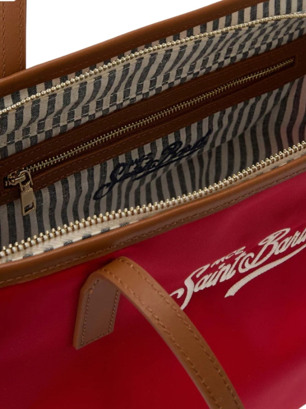 Spacious Red Tote Bag with Brown Trim