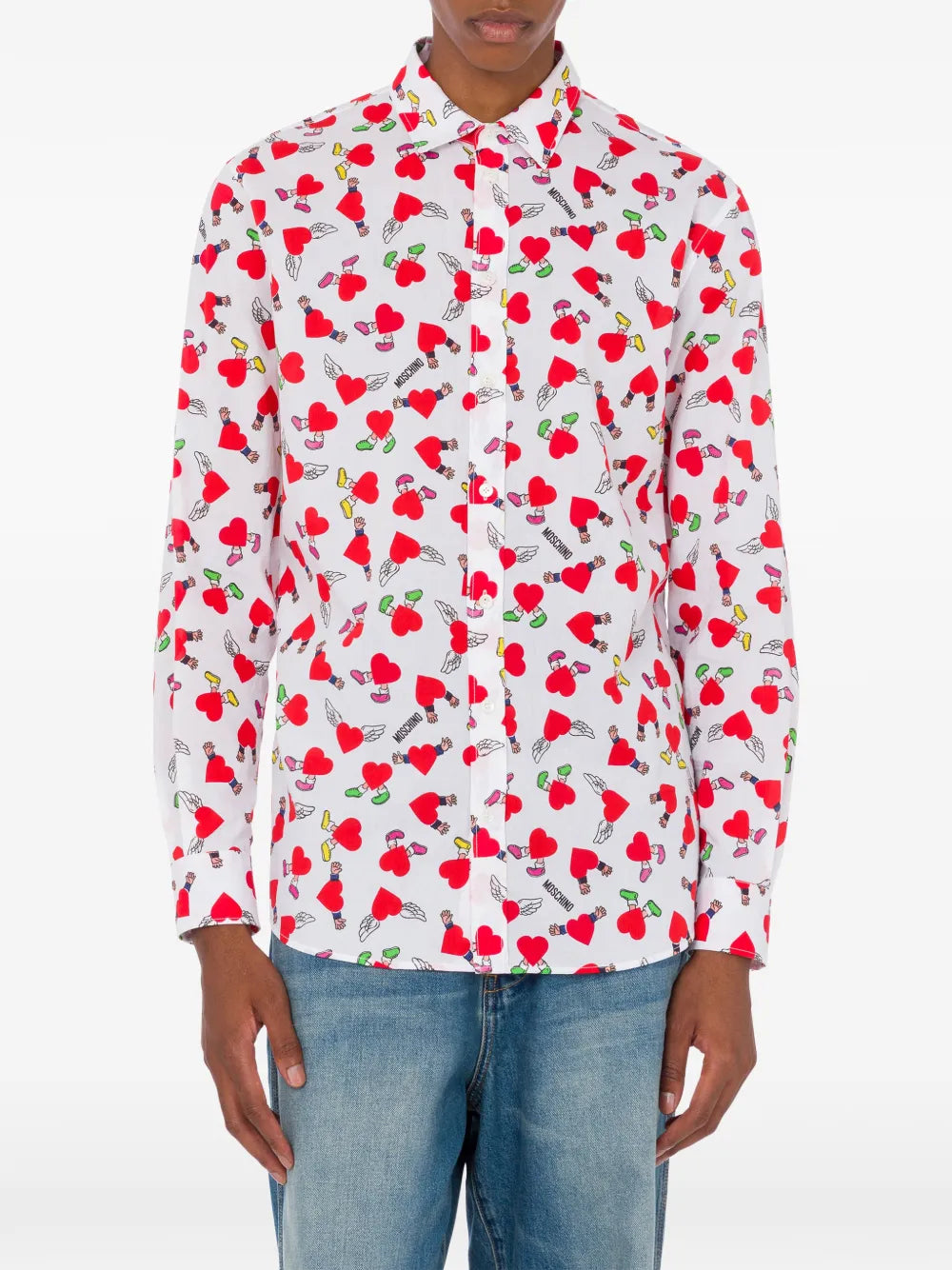 Long-Sleeve Button-Up Shirt With Playful Heart And Cherry Print
