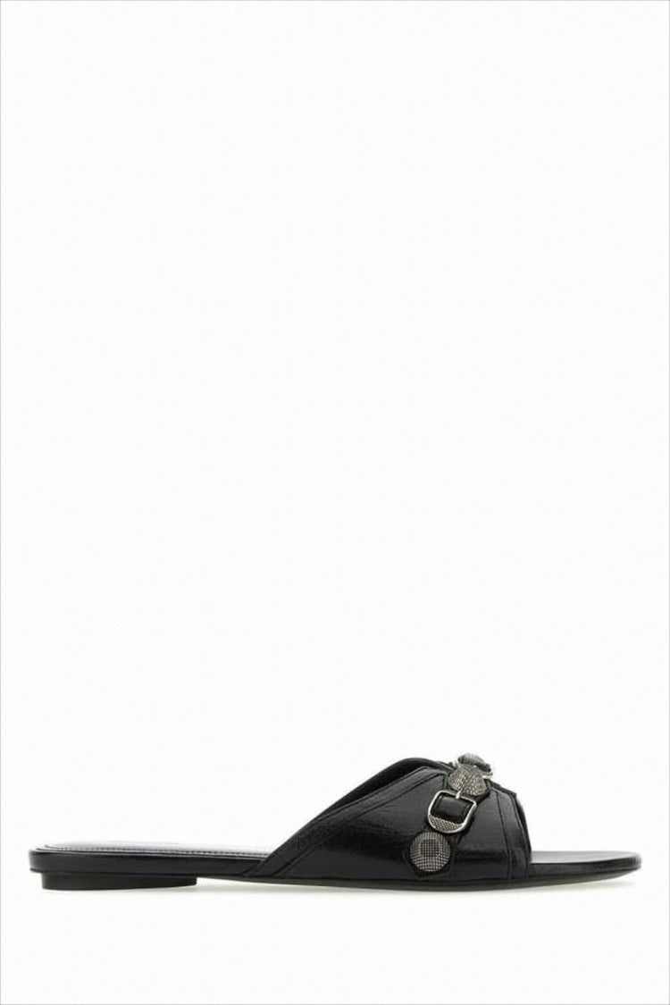 Flat Black Mule Slipper with Metallic Buckle Details