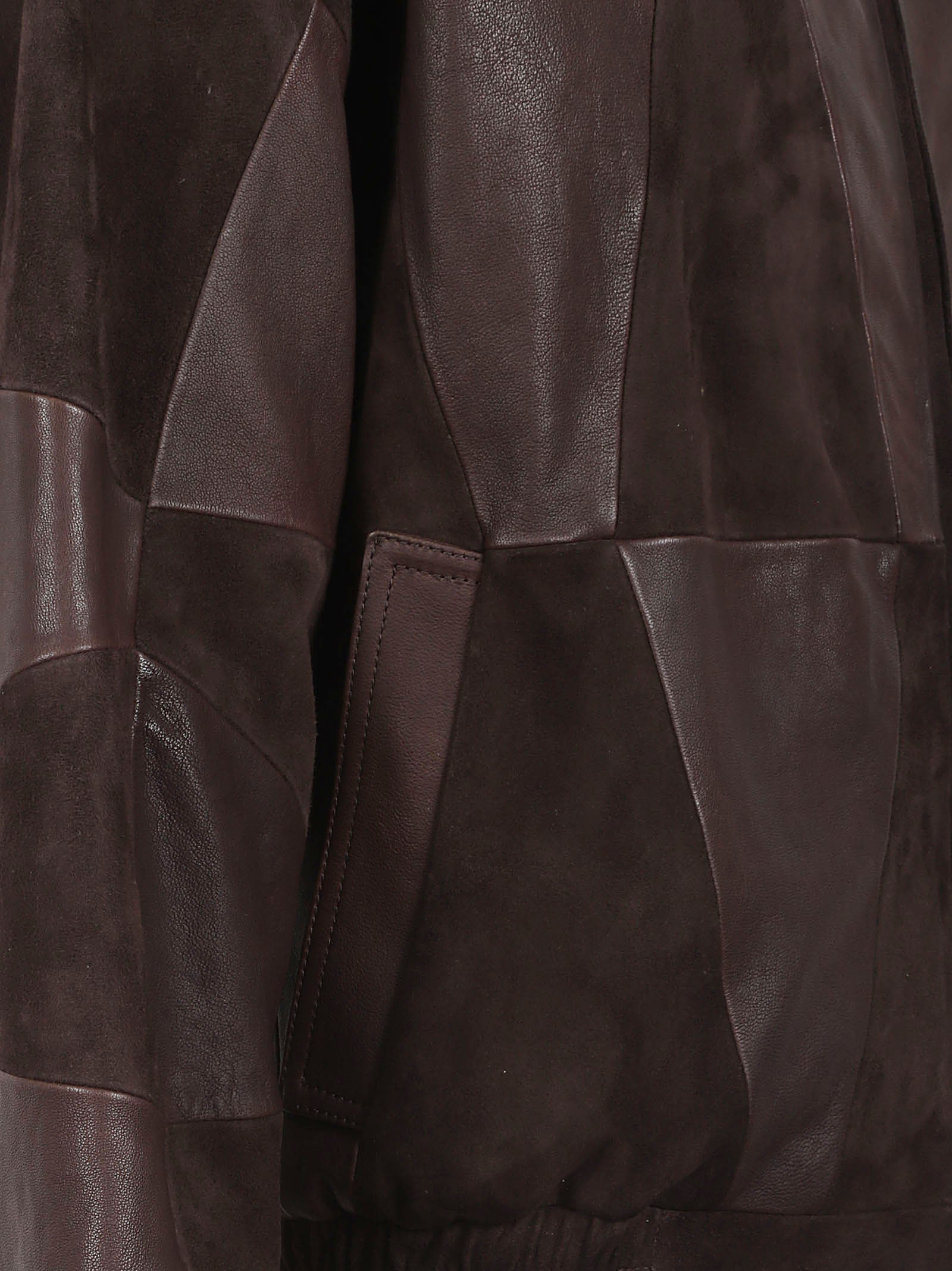 Patchwork Leather Coat with Classic Collar and Zipper Closure