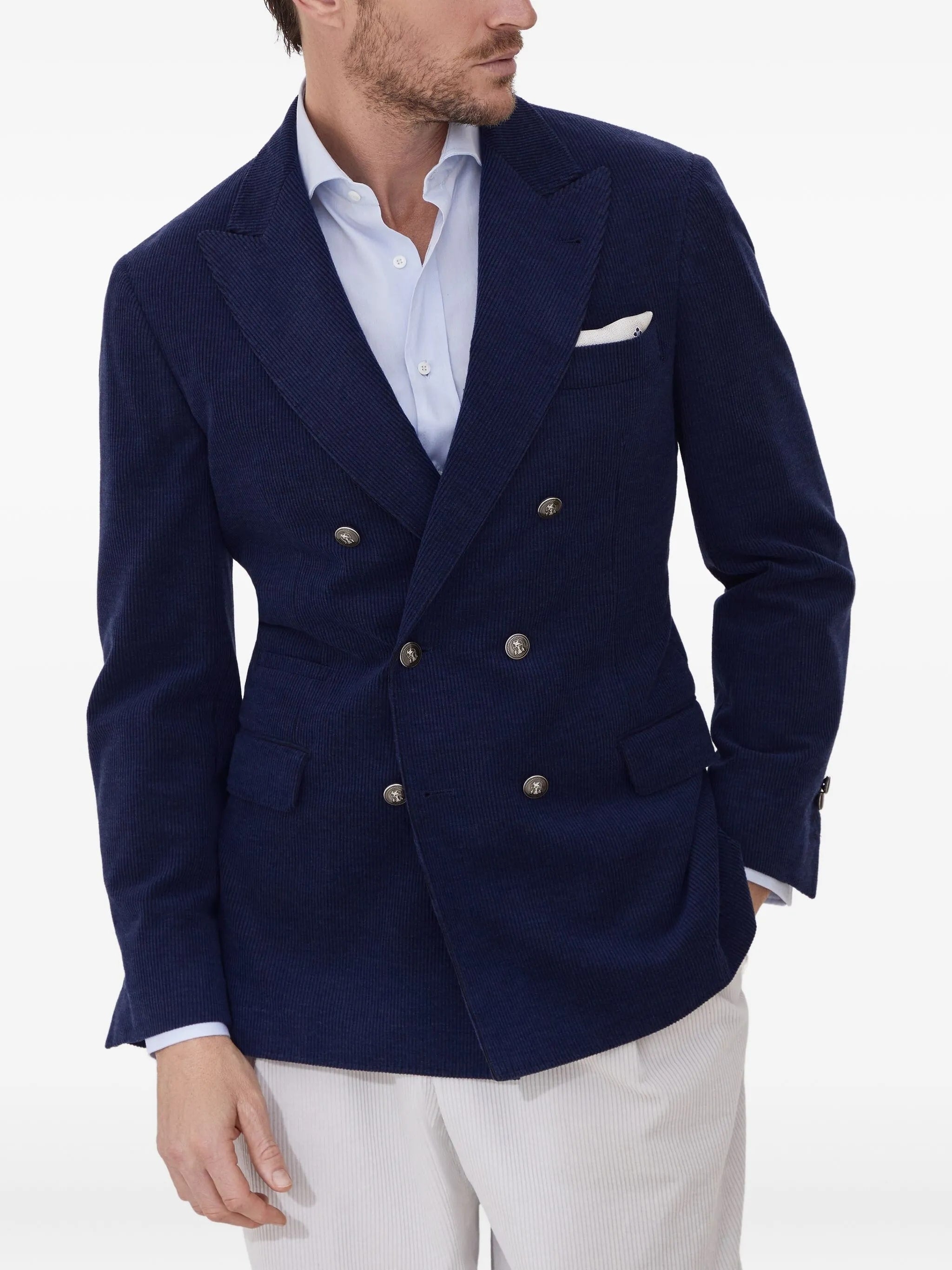 Double-Breasted Navy Blue Corduroy Blazer