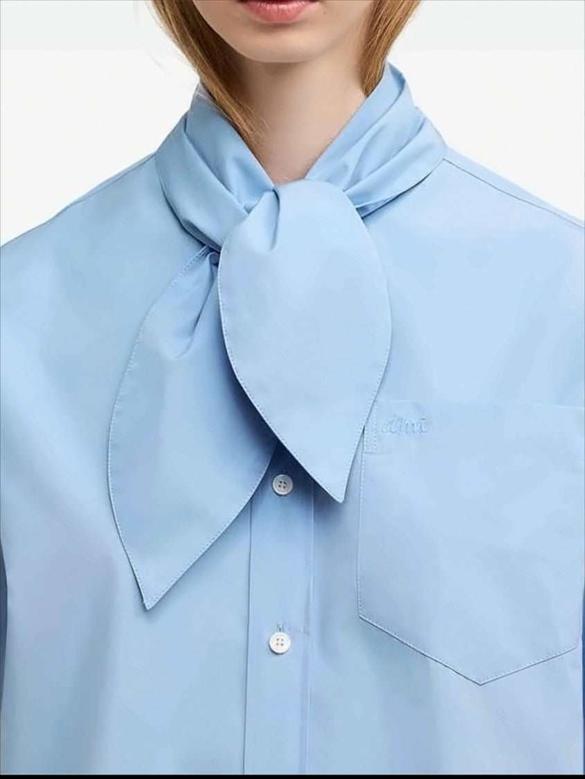 Light Blue Long-Sleeve Shirt With Oversized Bow Tie Detail