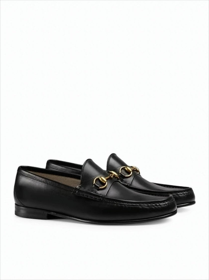 Black Leather Loafers with Gold-tone Horsebit Detail
