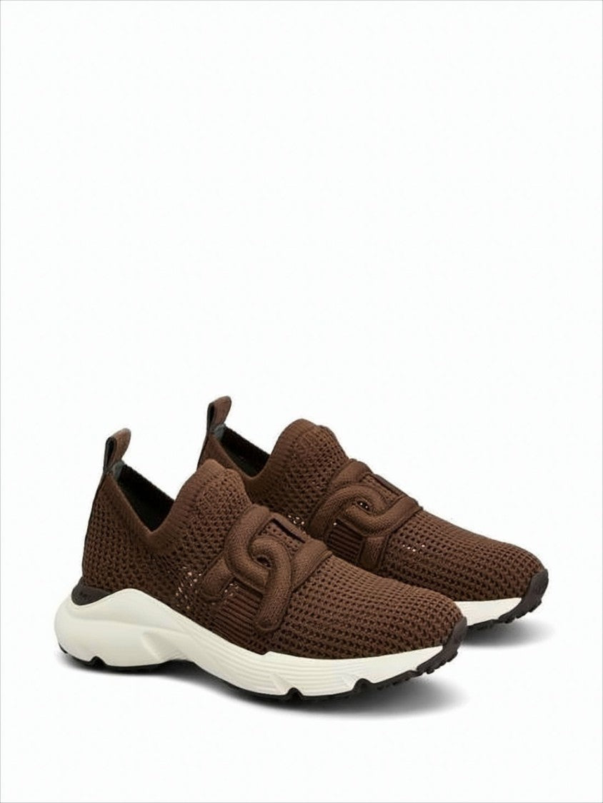 Sporty Brown Knitted Sneakers with Rubber Sole